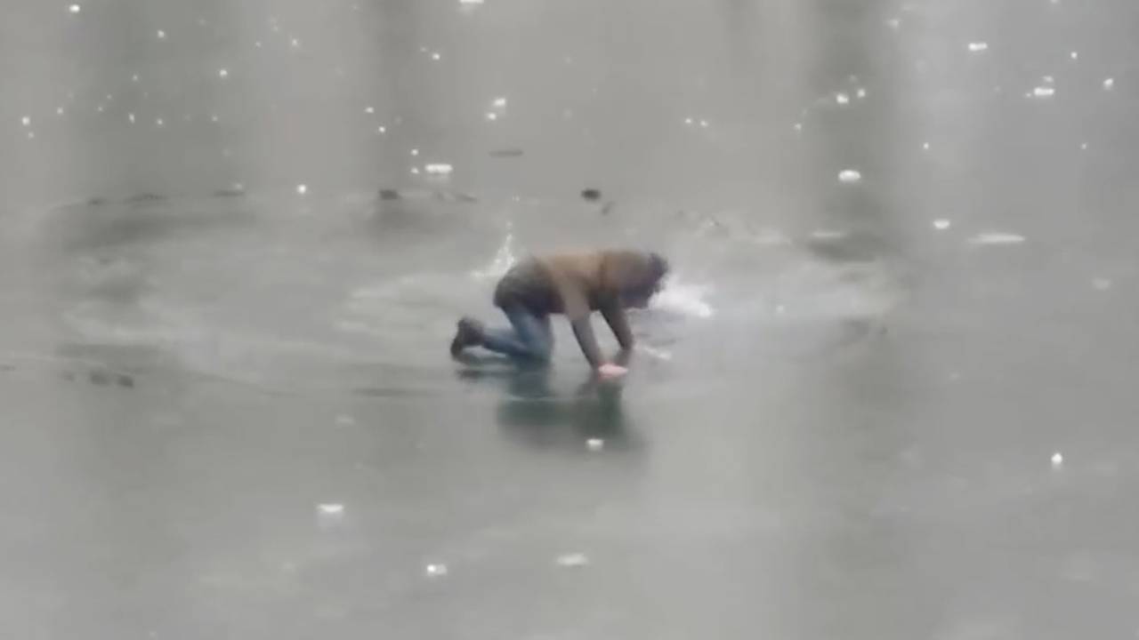 Двое мужчин провалились под лед на пруду в Москве, попытались спастись и попали на видео